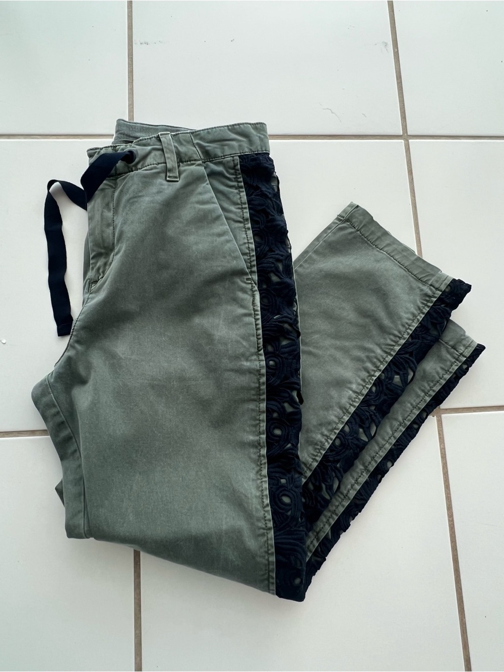 Green Women’s Chino Pants with Navy Crochet Trim